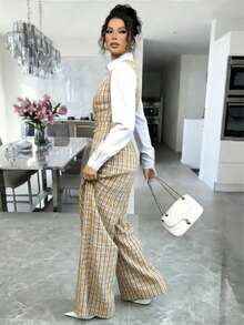 Women's Plaid Wide Leg Jumpsuit With Pearl Buttons And Pockets - Yellow - View 5