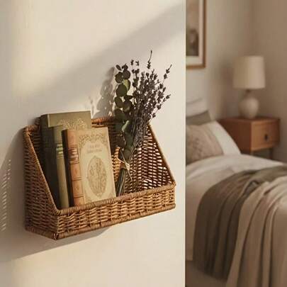 1pc Rustic Rattan Style Hanging Basket With Hook - Wall Mounted Storage Basket, Suitable For Bathroom, Kitchen, Cosmetics, Souvenirs, Bathroom Decor Shelf, Vanity Organizer, Kitchen Junk Storage, Home Decor Basket, Bedroom & Living Room Decoration, Storage Rack Style Basket