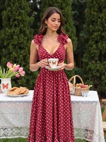Vestido de gasa con estampado floral de lunares, con espalda descubierta, cruzado, fruncido, cola de pez y cremallera oculta, para fiestas de primavera/verano - Burdeos - Ver 7