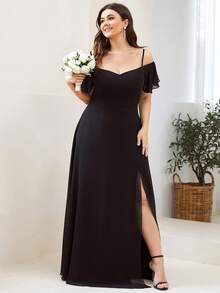 EVERPRETTY 優雅浪漫大尺碼女款露肩伴娘禮服 婚禮派對黑色 - 黑色 - 查看 4
