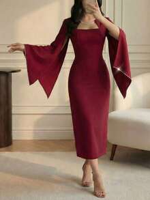 Vestido ajustado de longitud media color borgoña para mujer - Con mangas acampanadas decoradas con perlas + escote cuadrado, adecuado para ocasiones formales, citas, fiestas, vestido de estilo vintage elegante - Burdeos - Ver 6