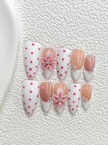 10件套甜美可爱凝胶美甲套装，包含亚克力美甲贴纸、手绘浅粉色波点图案、5瓣渐变粉色花朵美甲装饰、白色指甲油，以及美甲工具（1张果冻贴纸+1个指甲锉）。提供杏仁形、鸭嘴形和棺材形三种甲型，适合日常、派对、拍照、办公等各种场合，是送给女性和女孩的绝佳礼物。 - 彩色 - 查看 14