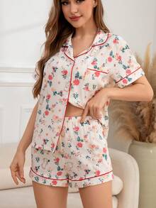 Floral Print Contrast Piping PJ Set - Multicolor - View 2
