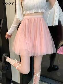 Yooly Mesh Tent A-Shaped Loose High-Waisted Rubber Band Waist Skirt, Daily Casual Fashion Vacation Birthday Party Dating Activities - Pink - View 1