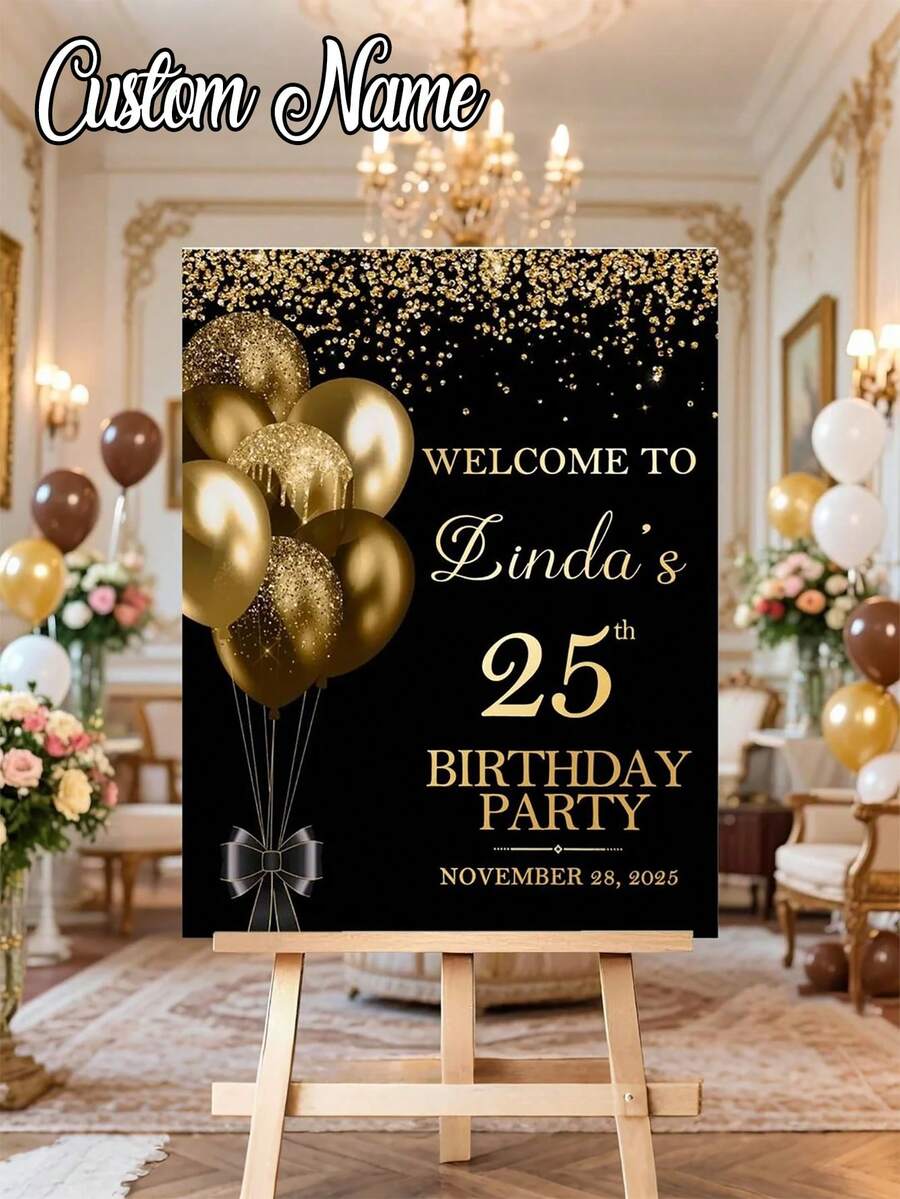 1 pièce affiche d'anniversaire personnalisée style noir et or, logo d'anniversaire personnalisé noir et or, affiche sur canevas sans cadre personnalisée - Personnalisable avec nom, date et âge - Décoration murale élégante avec ballons scintillants et rubans - Décoration de fête de luxe en PVC - Multicolore - Voir 1