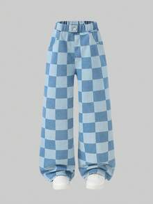 Tween GirlsCheckered Print Loose Straight Leg Jeans, Casual Pants, Spring/Summer - Blue - View 4