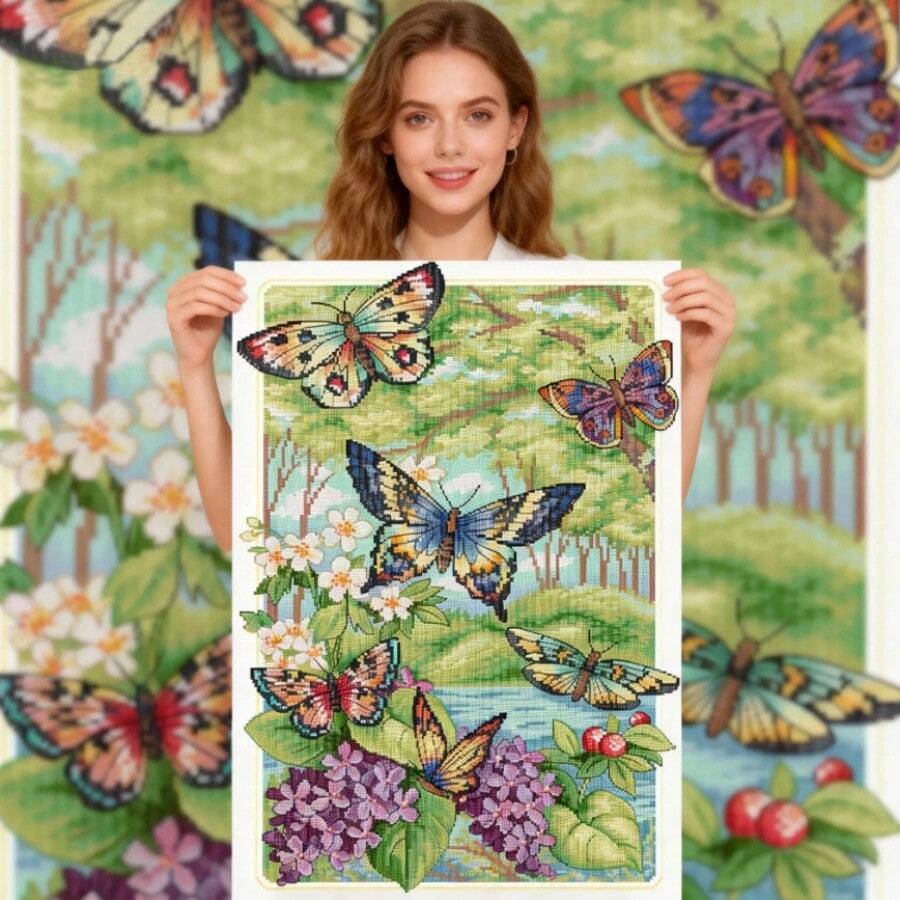 SNA 2026 New Style Cross Stitch Embroidery Kit Butterfly Flower Bushes Cross-Stitch Full Printed Embroidery Sets Diy Handicraft Needlework Diy Kit Crafts Embroidered Embroidery Kit Cross Stitch Kits Crochet Kit Punch Needle Kit Sewing Accessories Sewing Kit Embroidery Thread Craft Kit Stitch Stuff Sewing Patterns Crochet Craft Supplies Embroidery Kit Beginners Sewing Pattern - Need to Embroider By Yourself, No Frame - View 1
