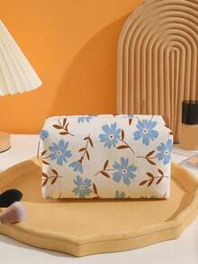 1pc Portable Floral Pattern Octagonal Velvet Cosmetic Bag, Double-Sided Printed Multi-Functional Toiletry Organizer - Multicolor - View 2