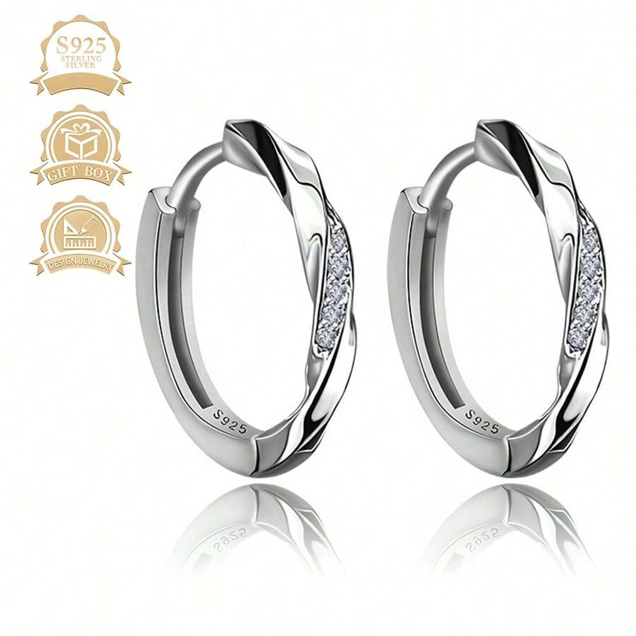 925纯银简约方晶锆石女士耳环 - 銀色 - 查看 1