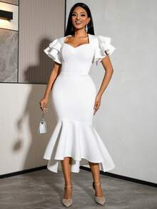 Vestido elegante y noble blanco ajustado con bajo de sirena para mujer AOMEI, escote en forma de corazón, mangas cortas con volantes, elegante para fiesta, invitada de boda, aniversario de boda, vestido de verano - Blanco - Ver 7