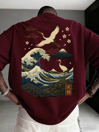  Áo thun ngắn tay nam Krometka kiểu dáng thường ngày, đa năng, đơn giản, in hình sóng biển và chim hạc, phong cảnh thiên nhiên.