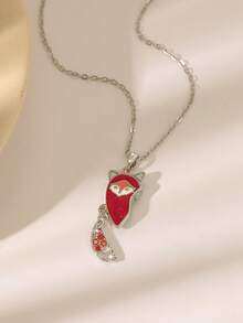 Couple's Fox Heart Pendant Necklace Set, Red Enamel Fully Studded Fox Tail Design, Valentine's Day Gift For Couples & Best Friends, Golden Jewelry - Multicolor - View 9