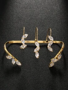 1pc Fashionable Gold Leaf & Branch Zirconia Cuff Bracelet, Elegant Design Open Bangle Jewelry For Women - Gold - View 6