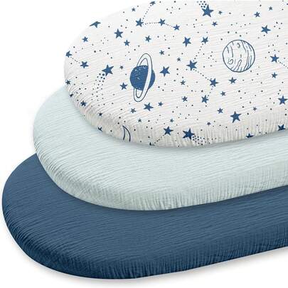 3 Packs Stretchy Baby Bassinet Sheets Soft Breathable Fitted Bassinet Mattress Sheet Universal Fit For Baby Bassinets Moses Basket Oval Rectangle Pad Mattress 32"X16"