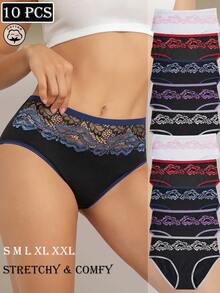 10 Peças/Pacote Calcinhas Elegantes de Cintura Alta com Estampa Floral Feminina, Suave, Respirável, Elástica e Confortável para Uso Diário com Acabamento em Renda - Multicolorido - Visão 6