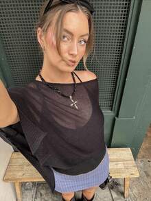 Women's Summer Beach Vacation Hollow Out Cover Up, Asymmetrical Cover Up Shawl Lightweight Knit Cover Up For Sun Protection - Black - View 3