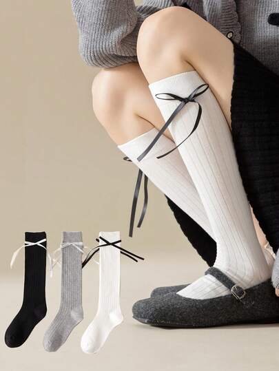 1双女士过膝袜，白色蝴蝶结JK款竖条纹修身长筒袜，简约芭蕾舞风格纯色袜，适合日常穿着