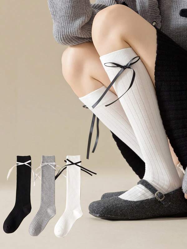 1 Pair Women's Knee High Socks, White Bow Tie JK Style Vertical Striped Slimming Long Tube Socks, Simple Ballet Style Solid Color Socks, Suitable For Daily Wear