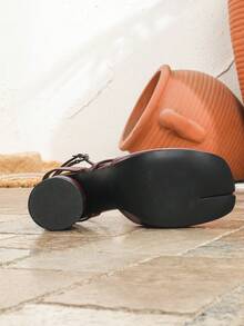 Women's Fashion High Heel Burgundy Peep Toe Sandals, New Spring/Summer Square Toe Slip-On Casual/Party/Holiday Mule Shoes With Buckle Criss-Cross Strap Thick Heel - Burgundy - View 8