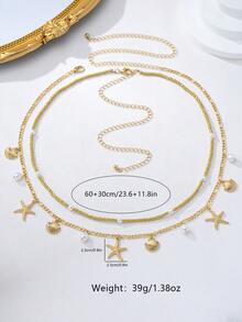 2pcs Bohemian Style Waist Chain, Gold Beaded Chain With Shell & Starfish Pendant, Detachable Double Layer Waist Chain For Daily, Party, Beach, Bikini, Elegant & Refined For Women - Golden Two-piece Suit - View 6
