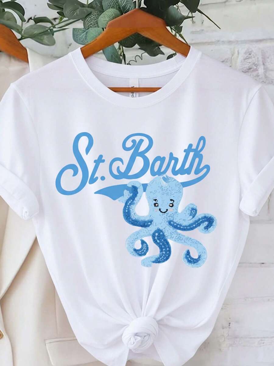 Saint Barth Day St BarthGraphic Print Tshirt Short Sleeve Crew Neck Casual Top For Summer Spring Women Clothing - 白色 - 查看 1