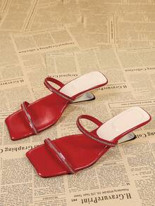 Summer Square Toe Rhinestone Decor Red High Heel Sandals For Women, Casual Backless Mule Sandals - Red - View 2