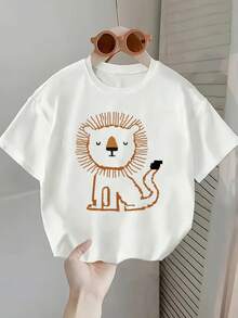 Short-Sleeved T-Shirt For Boys With A Cartoon Lion Print, Crew Neck, Made Of Soft Knit Fabric, Ideal For Spring, Summer And Autumn, Perfect For A Fun And Comfortable Look. - 白色 - 查看 1