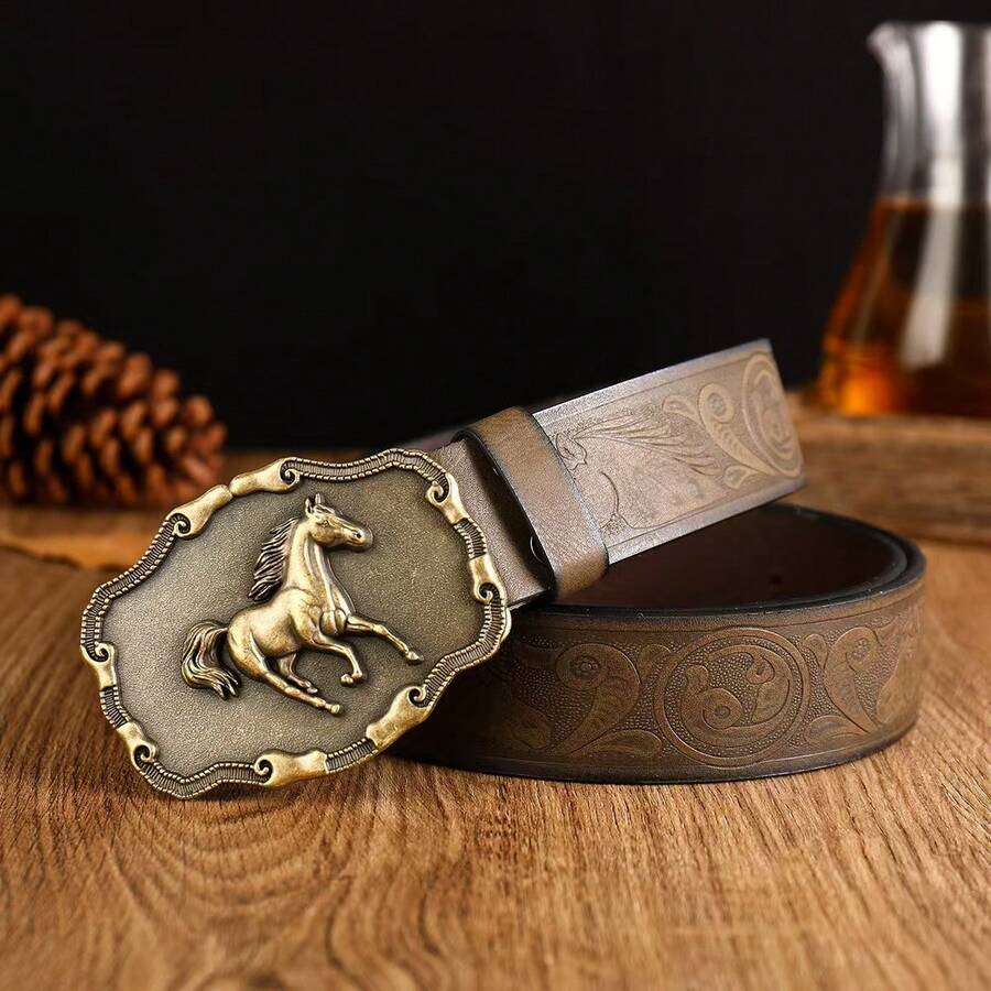 3.7cm Wide Unisex Western Horse Head Style Cowboy Belt Buckle, Smooth Buckle With Floral Print Perforated Round Holes - Khaki - View 1