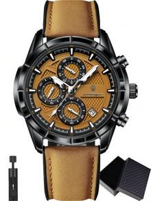 POEDAGAR 1件男士时尚休闲石英日历计时腕表，PU皮表带，防水夜光，适合日常佩戴，男士礼物 - 黑色 - 查看 15