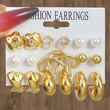 VKME 18PCS Metal Material Asymmetrical Bow Zirconia Fresh Lovely Earrings Ladies Casual Wear - Yellow Gold - View 8