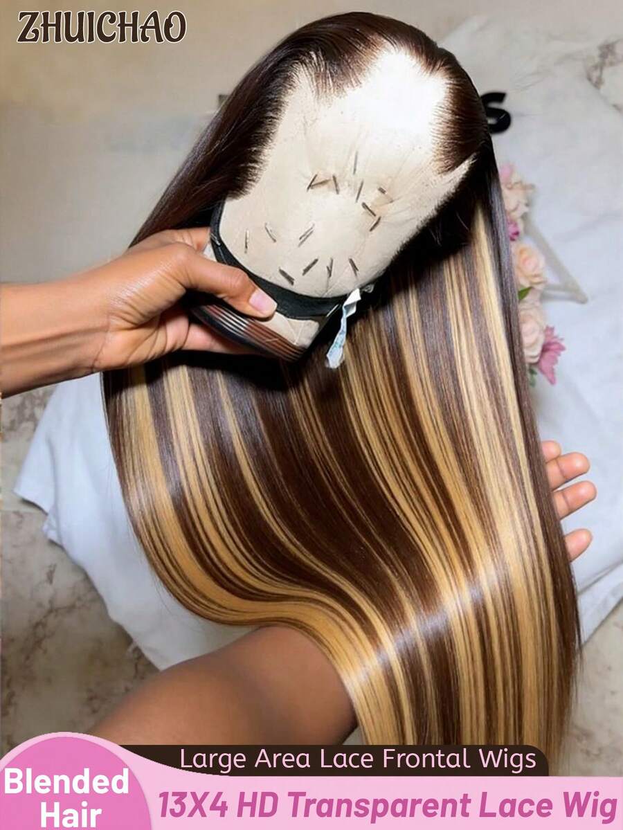 ZHUICHAO Highlight 30 Inch Ombre Honey Gold Straight Human Blended Hair Wigs Pre Bleached Knots 13x4 Large Area Invisible Lace Front Wigs With Bady Hair For Women 180% Density Can Be Free Styling Pre Plucked Synthetic Lace Wig - SP4/27 - View 1