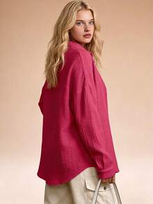 Women's Loose-Fit Crinkled Button-Down Shirt - White & Multi-Color, Long Sleeve, Collared, Casual Spring & Fall Top, Ladies Outdoor Shirt, Minimalist Stylish Daily Wear, All-Age Home & Leisure Blouse - 紅色 - 查看 6