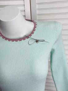 Spring/Summer New Contrast Color Round Neck Ribbed Knit Sweater Women, Long Sleeve Asymmetrical Hem Fitted Commuter Top - Baby Blue - View 8