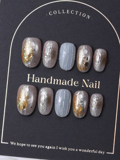 10pcs/Set Handmade Short Oval Nail Pieces In Y2K Multi Color Style & 3D Handcrafted Silver Plated Lines & Hand Painted Gradient Smudging Print Design For Nail Decoration. 1 Piece Of Jelly Gel And 1 Piece Of Nail File. Perfect For Daily Life As Well As For Costumes For Coachella Music Festival Parties, Press On Nails And Nail Care Products.