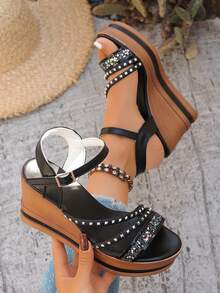 Women's Fashion Wedge Heel High Heel Platform Sandals, Casual Beach Wear - Black - View 1