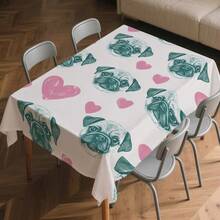 1pc Cute Pug Dog & Pink Heart Tablecloth, Featuring Pug Face Print - Turquoise & Pink Puppy Design, Durable Fabric Rectangular Tablecloth, Suitable For Party, Dining Table, Easy To Clean Pet Themed Tableware - Multicolor - View 3