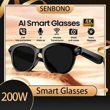 SENBONO AI 摄影智能眼镜，男女通用，200万像素摄像头，AI语音，AI照片识别，AI翻译，高清照片/视频，语音助手，无线通话，音乐控制；女士 AI 摄影智能眼镜，兼容安卓系统，生日、情人节、父亲节、母亲节的理想礼物 - 黑色 - 查看 1