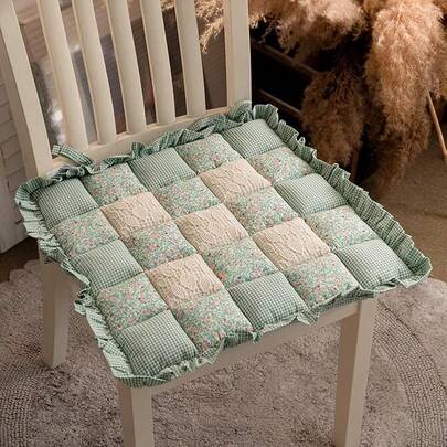 Vctops Lace Patchwork Chair Pad Cushion With Ties, Elegant Ruffle Edge Decorative Cushions Farmhouse Floral Pattern Square Seat Cushion For Kitchen Dining Room Office (Type K,16\X16\)