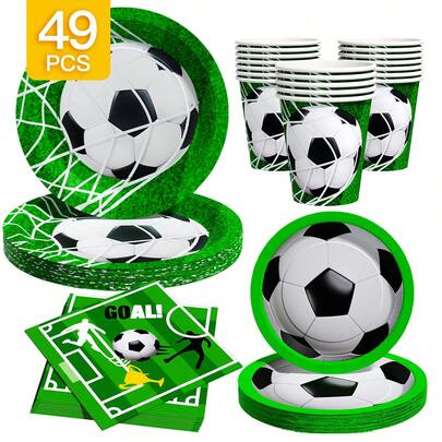 1 Set Soccer Goal Disposable Plates, Napkins, Cups For 8 Guests, Suitable For Birthday, Wedding, Theme Party, Family Picnic