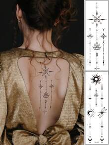 4张防水仿真纹身贴纸，太阳、月亮、星星图案，持久逼真，适用于背部、音乐节、派对、舞会等场合，可用于手臂、背部、颈部和腰部等部位。 - 黑色 - 查看 2