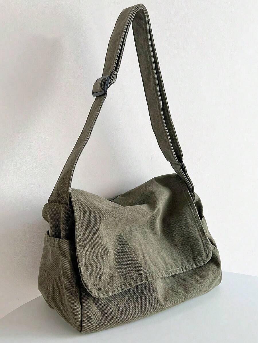 Vintage Minimalist Versatile Flap Shoulder Bag, Thick Washed Canvas Bag, Casual Versatile Large Capacity American Messenger Bag, College Style Japanese University Student Schoolbag, Short Trip Travel Bag, Simple Street Cloth Bag, Black Crossbody Bag , Old Money - 綠色 - 查看 1