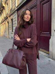 New Autumn/Winter Elegant Women's High-Neck Long-Sleeved Solid Color Fleece-Lined Warm Casual Pants With Double Pockets. Comfortable Fabric, Perfect For Wearing And Taking Photos, Showing Off Your Perfect Figure. - 玫紅色 - 查看 3