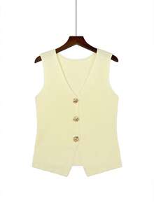2026新款欧美时尚简约金色纽扣装饰无袖针织背心 - 淡黃色 - 查看 7