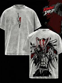 Ichigo Hollow Form Bleach Anime Shirt, Vintage Washed Oversized Graphic Tee, Vasto Lorde Mask Art, Kurosaki Ichigo Transformation T-Shirt, Unisex Streetwear Anime Merch Gift For Bleach Fans - 灰色 - 查看 1