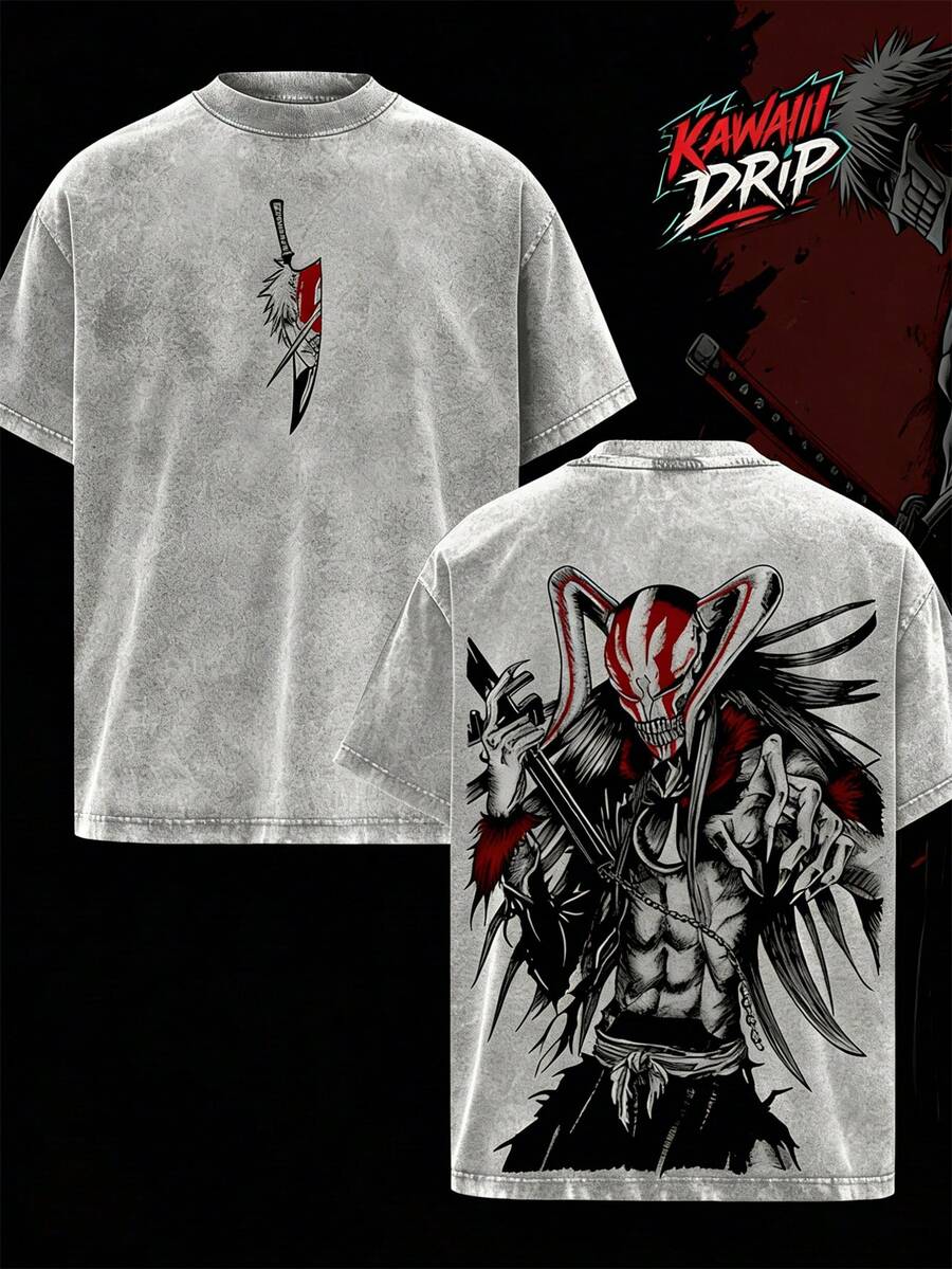 Ichigo Hollow Form Bleach Anime Shirt, Vintage Washed Oversized Graphic Tee, Vasto Lorde Mask Art, Kurosaki Ichigo Transformation T-Shirt, Unisex Streetwear Anime Merch Gift For Bleach Fans - 灰色 - 查看 1