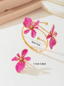 2pcs/Set Women's Floral Bracelet & Ring Set, Elegant Style For Summer Party, Wedding, Holiday, Gift For Friends & Family - Pink - View 4