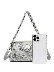 迷你优雅纯色夹扣金属链条手柄女士手提包，休闲简约单肩托特包，适合购物、钱包、通勤，适合年轻女性、大学生、新人及上班族女性。是办公室、大学、工作、商务、通勤、户外、旅行和郊游的理想之选。 - 淺灰色 - 查看 5