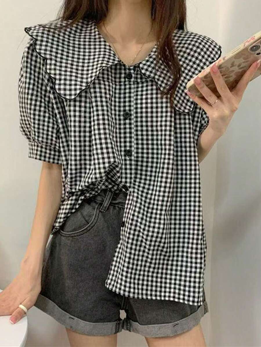 格子短袖衬衫,复古娃娃刺绣领,小众设计,宽松显瘦,时尚百搭女式上衣,黑色夏季款 - 黑色 - 查看 1