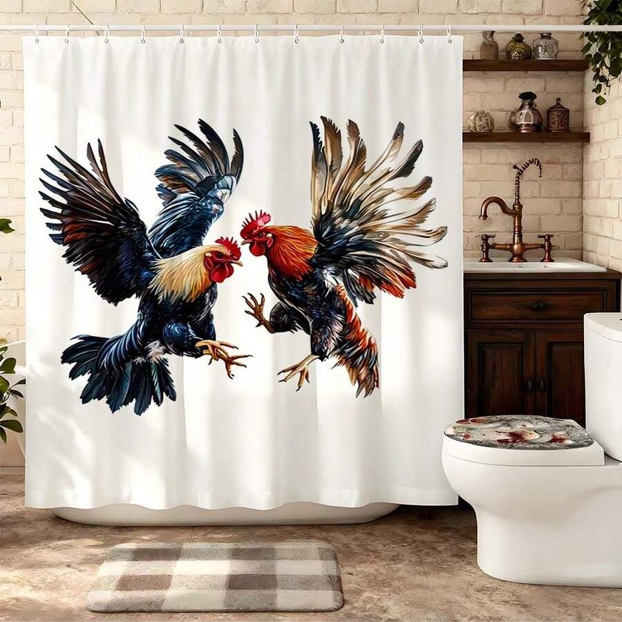 1 pièce Rideau de douche avec motif de combat de coqs à l'aquarelle avec crochets, rideau de douche d'art folklorique pour salle de bain, rideau de douche avec design dynamique de combat de coqs énergique, convient pour la décoration de salle de bain de style rustique, accessoire de salle de bain animal audacieux, article de salle de bain pour les amateurs de style campagnard, rideau de douche attrayant pour une salle de bain éclectique, rideau de douche d'art folklorique pour la décoration de la salle de bain - Multicolore - Voir 1