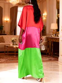 Elegant Women Long Loose Dresses Evening V Neck Batwing Sleeve African Fashion Shiny Party Bubu Dress - Red - View 2